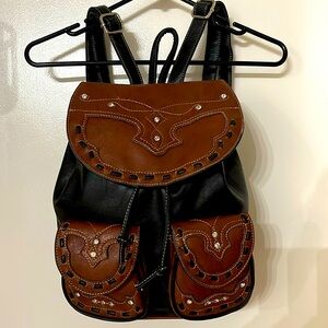LEATHER BACKPACK BLACK & BROWN RHINESTONES & POCKETS INSIDE AND OUT LIKE NEW